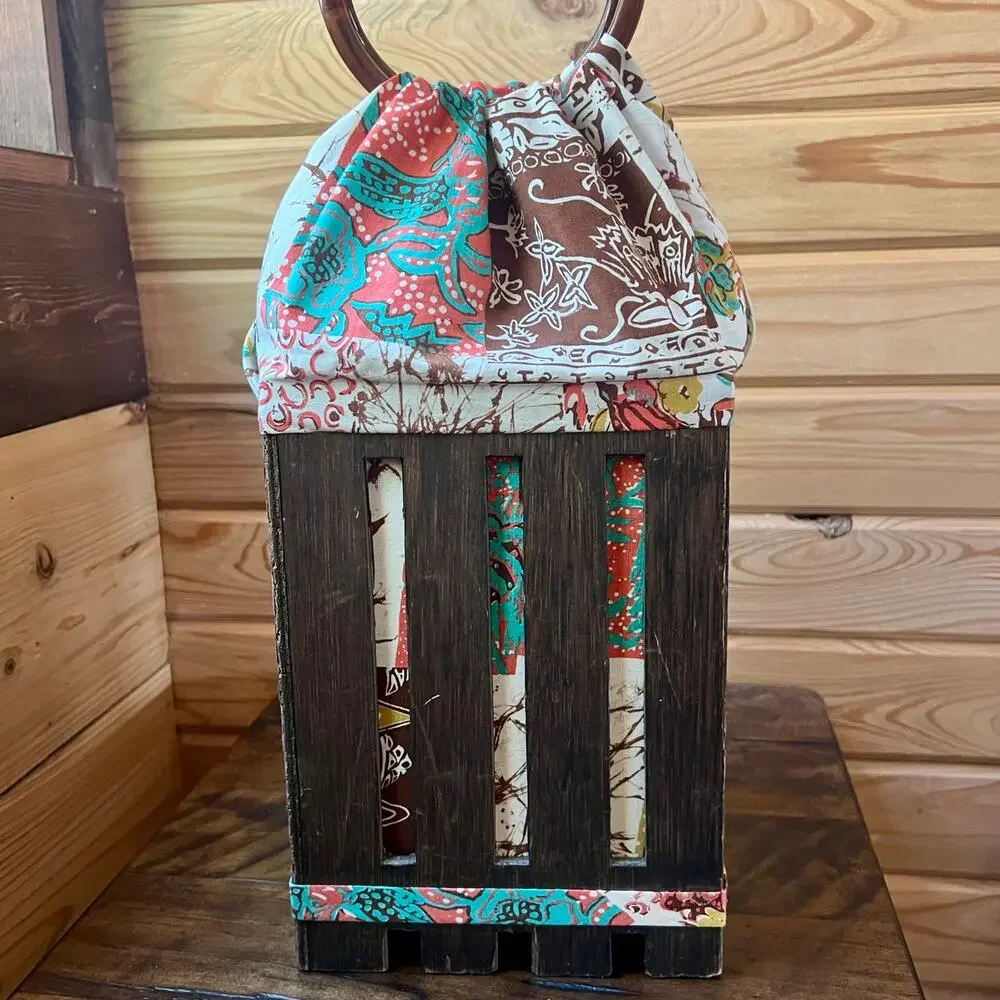 Handmade Wood Crate Basket Bag Box Purse Folk Art Patchwork Lined Rustic Decor